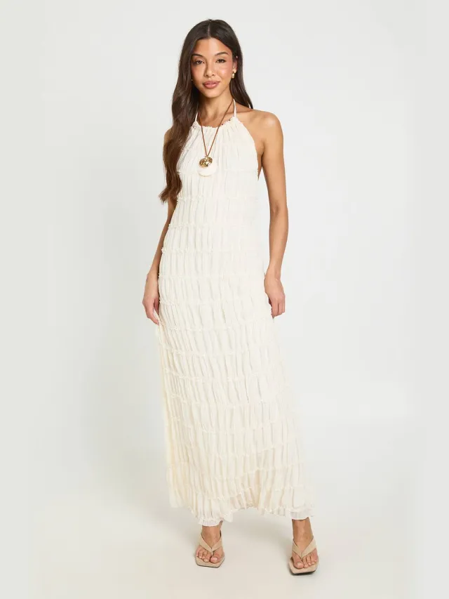 boohoo Dames Gestructureerde Chiffon Midaxi Jurk Met Open Rug Crème