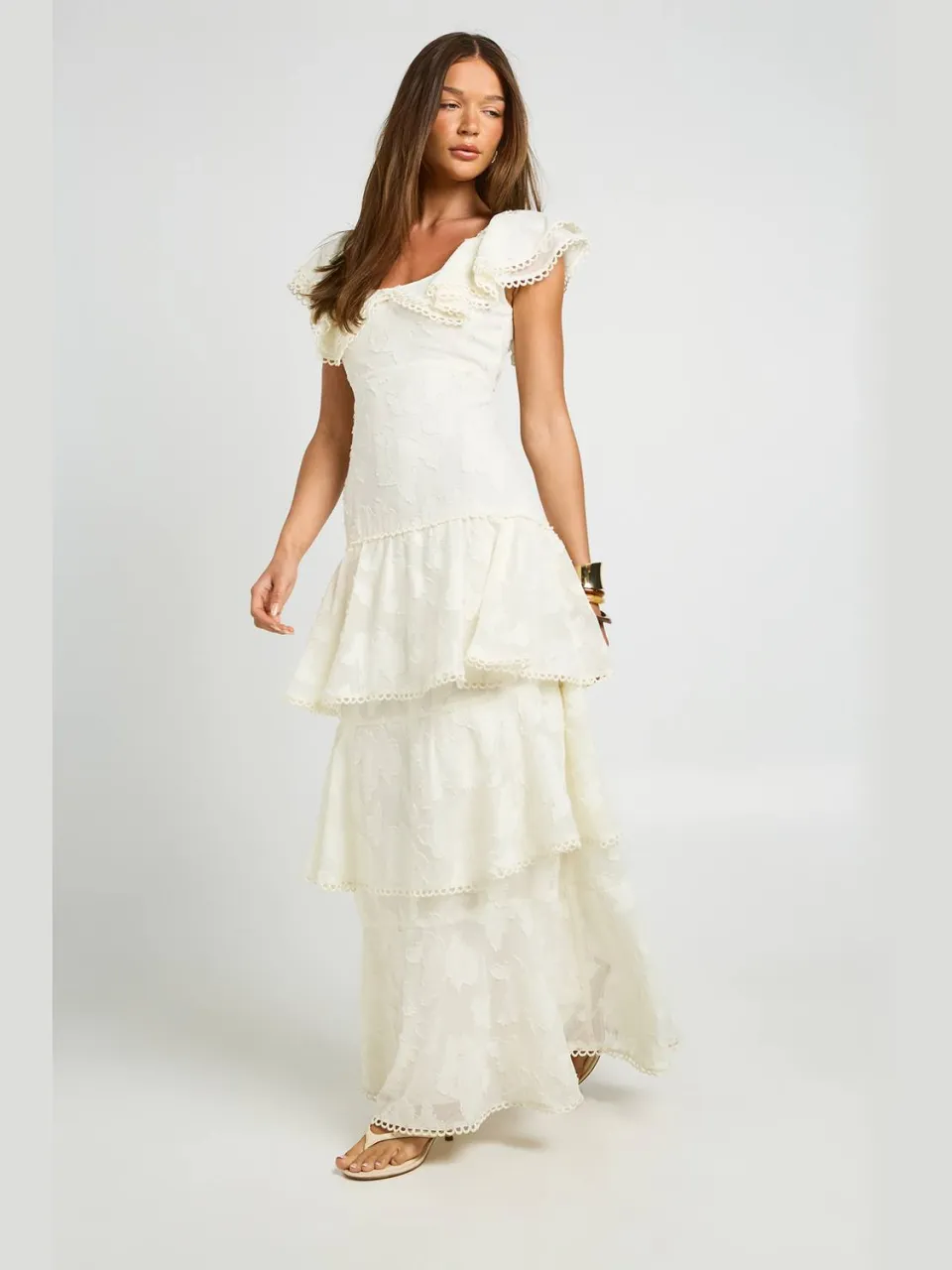 boohoo Dames Gelegenheids Burnout Open Rug Ruches Detail Maxi Jurk crème, foto 3