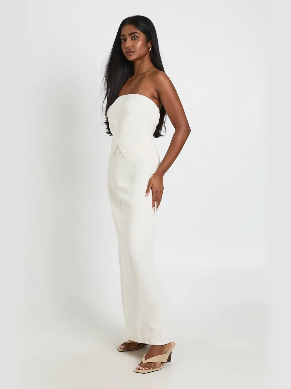 boohoo Dames 2-in-1 Linnen-look Bandeau Column Maxijurk steen, foto 3