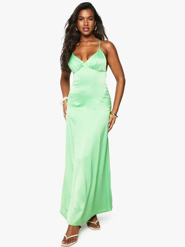 boohoo Dames Satijnen Riemen Cross-Over Slip Jurk Limoen
