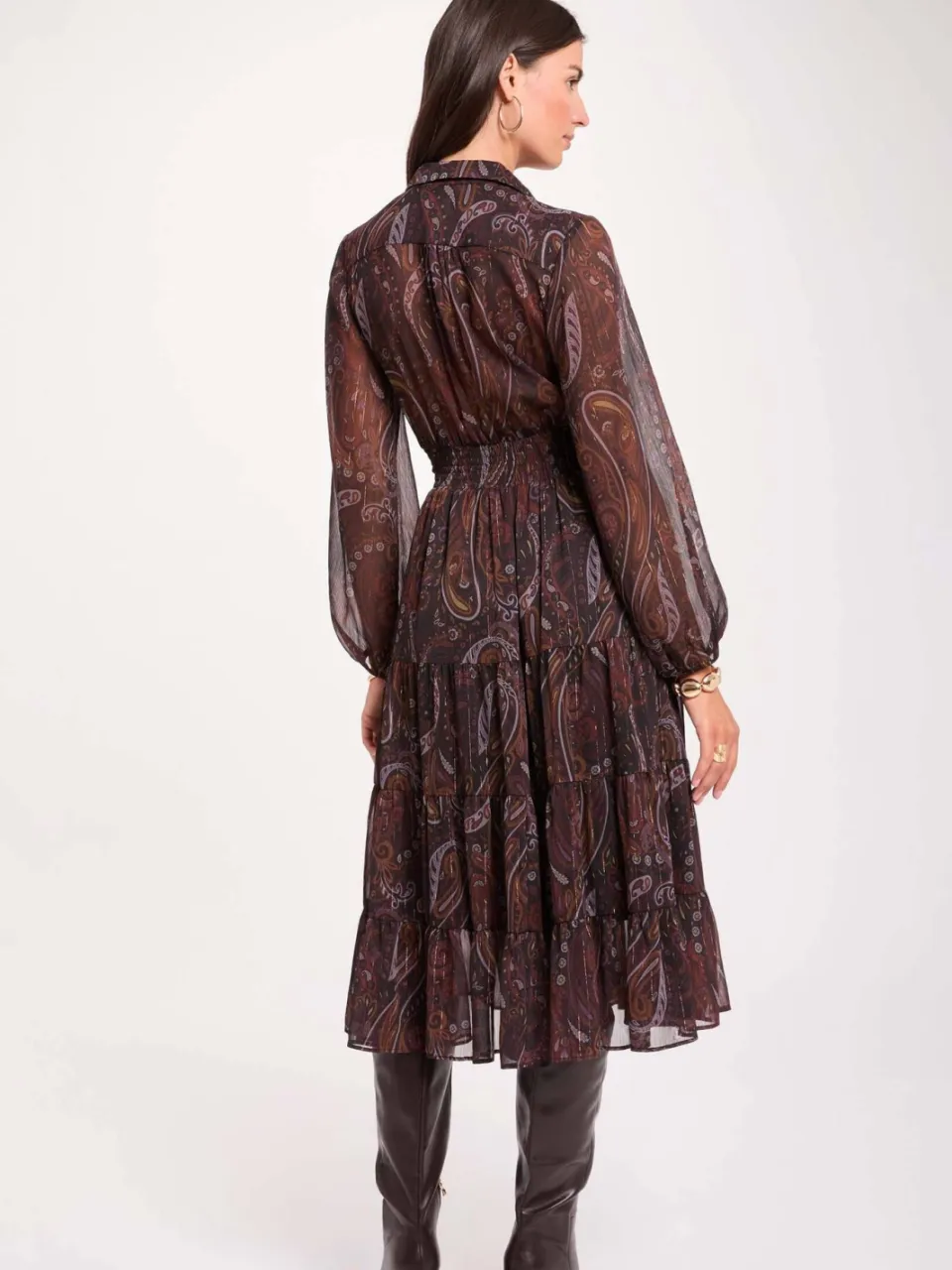 Morgan semi-transparante bohemian midi jurk met ruches en paisley - bruin, foto 3