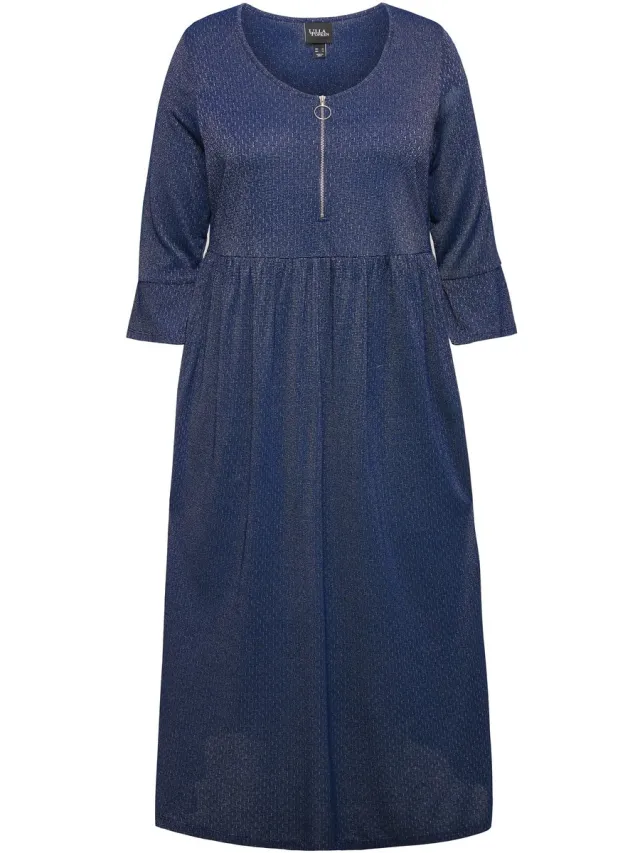 Ulla Popken Dames - jersey midi-jurk glitter A-lijn ronde hals 3/4-mouwen - Inktblauw - Maat 50+