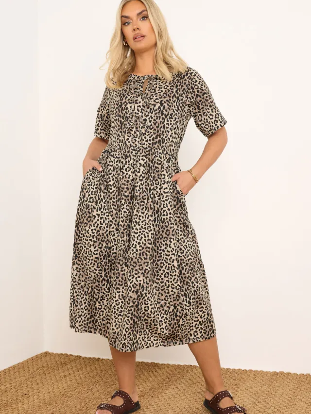 Yours Katoenen Jurk Met Luipaardprint En Striksluitingen In Bruin Brown