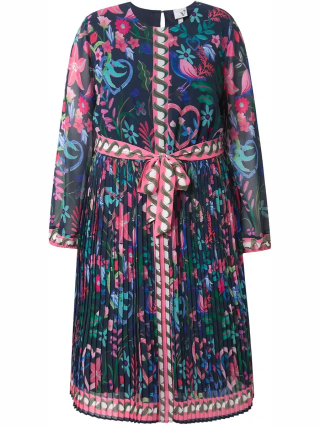 Ulla Popken Dames - Midi-jurk geplooid rok A-lijn ronde hals lange mouwen - Marine - Maat 46+