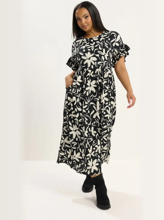 Yours Zwarte Jurk Met Bloemenprint En Ruches Aan De Mouwen-52 Black