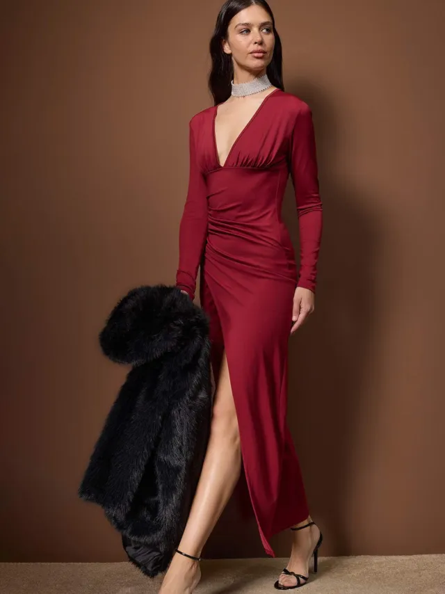 Trendyol TRENDYOLMİLLA Dames Bordeaux Effen Maxi Lang Diploma-uitreiking / Gala Double-breasted Avond & Gala Jurk Bordeauxrood