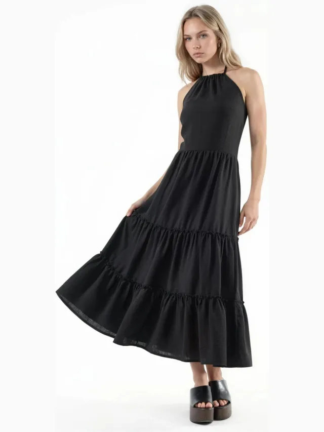 Busem Rimpelige Halter Nek Maxi Jurk Zwart