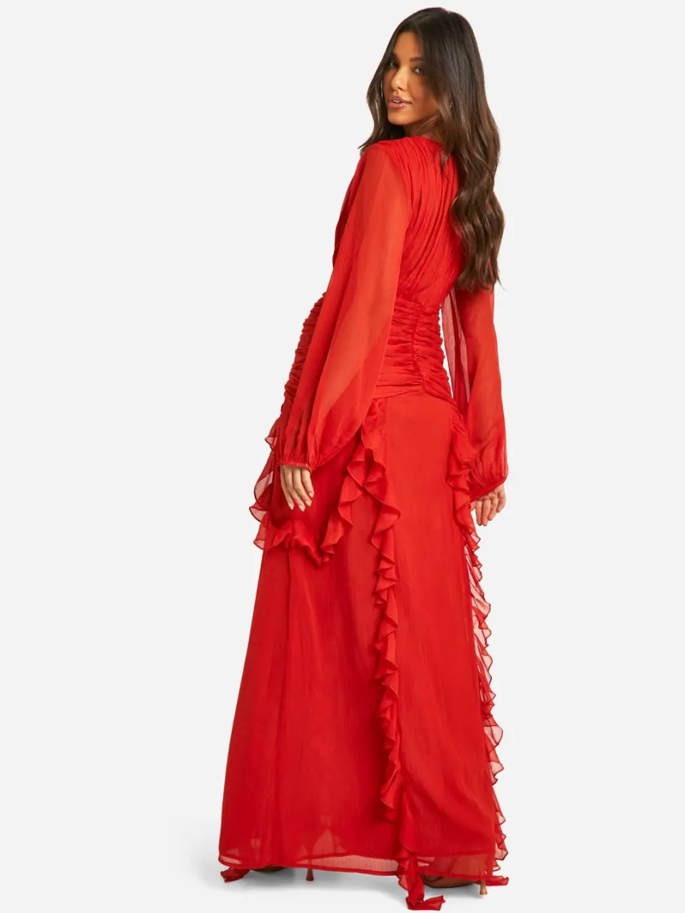 boohoo Dames Crinkle Chiffon Ruffle Maxi Jurk russet, foto 2