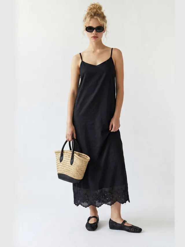 Mixray Geborduurde A-Lijn Midi Slipdress Zwart