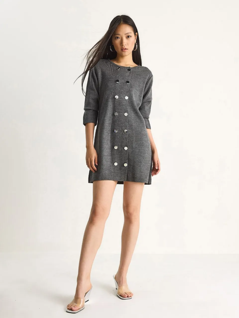 Bianco Lucci Gebreide Mini-jurk met Knoopjes donkergrijs, foto 2