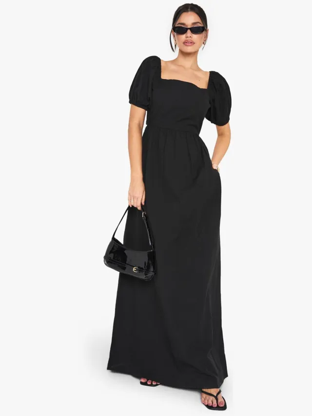boohoo Dames Lange Linnen Maxi Jurk Met Pofmouwen Zwart