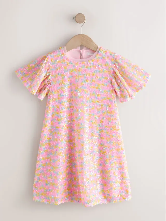 Next Meisjes - Feestjurk met lovertjes en wijde mouwen - Roze Pastel Pink