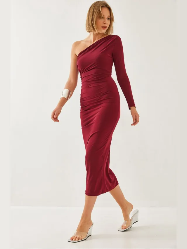 Bianco Lucci Asymmetrische Kraag Gerimpelde Midi-jurk Bordeauxrood