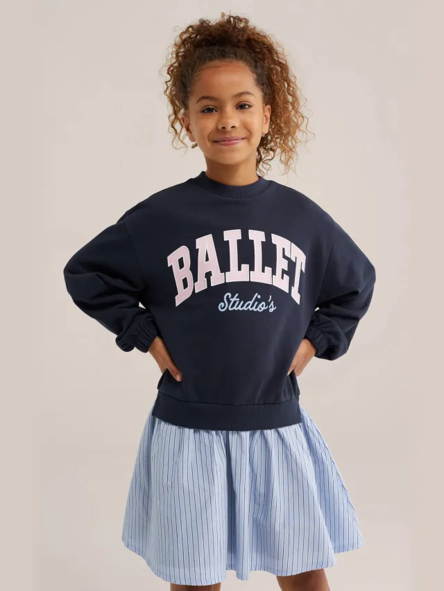 WE Fashion gestreepte sweatjurk met tekst donkerblauw Donkerblauw/lichtblauw