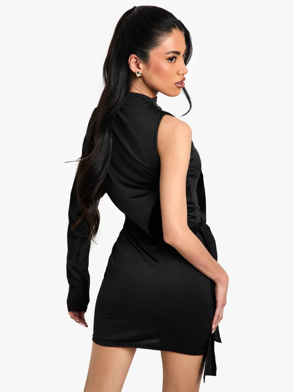 boohoo Dames Slinky One Shoulder Knot Detail Mini Jurk zwart, foto 3
