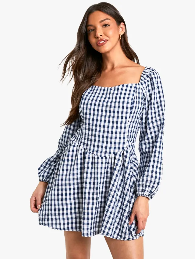 boohoo Dames Gingham Mini Jurk met Lange Mouwen Marineblauw