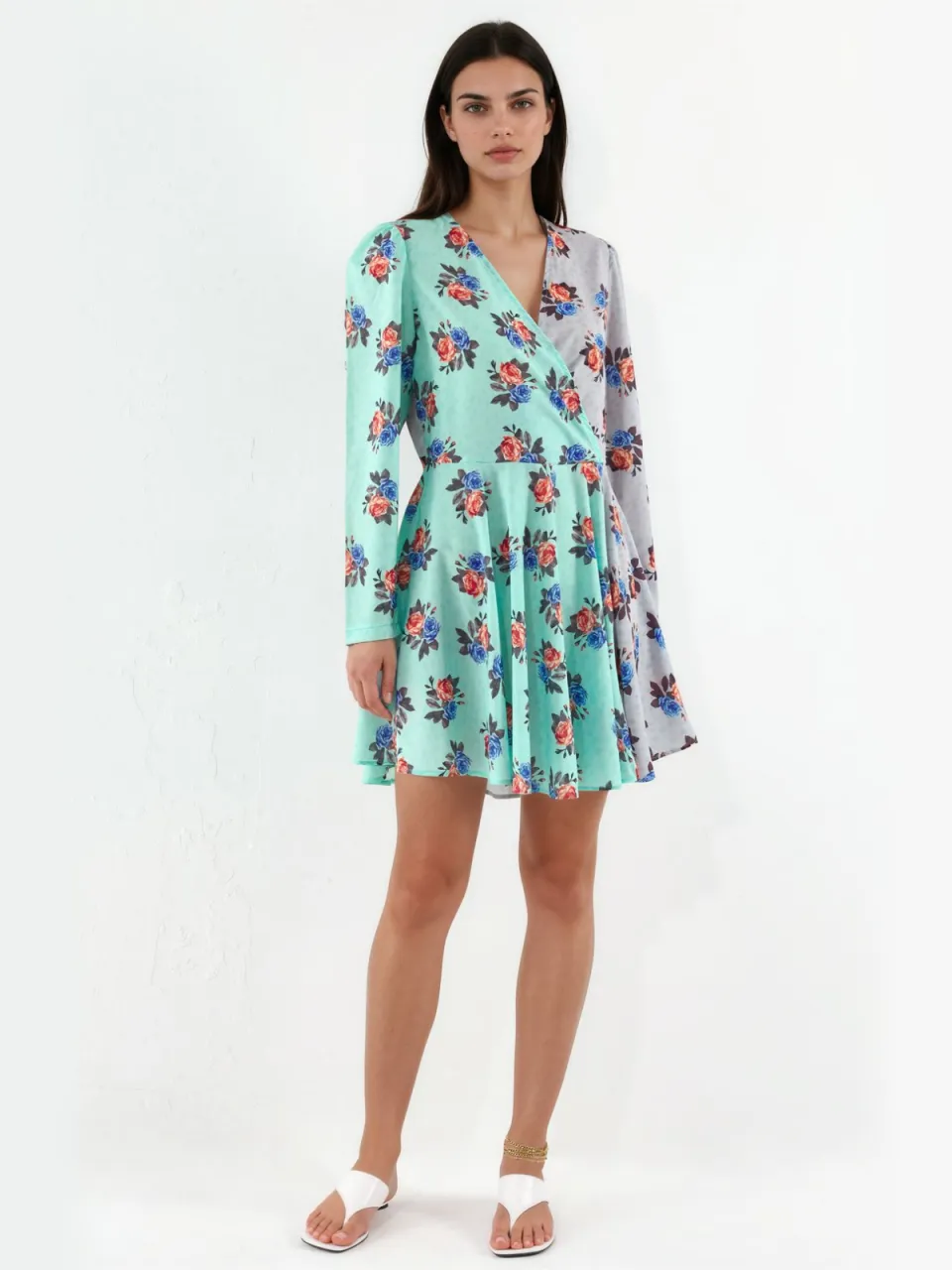 MSN Collection Bloemen Chiffon Wikkel Mini Jurk Veelkleurig