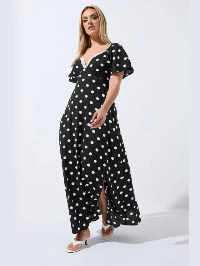 Limited Collection Zwarte Maxijurk Met Stippen En Kanten Afwerking-56 Black