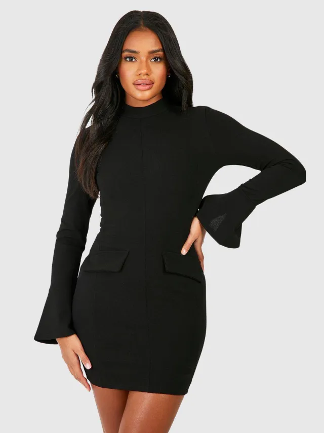 boohoo Dames Crêpe Mini-Jurk met Hoge Hals en Zakdetails Zwart