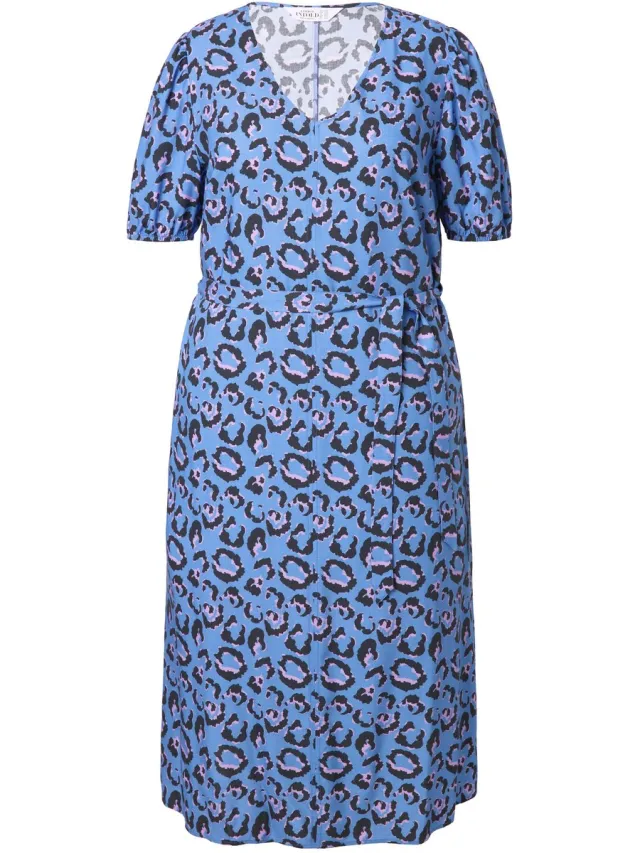Studio Untold Dames - Midi-jurk A-lijn luipaardprint strikbandje in de taille - Hemelsblauw - Maat 50+