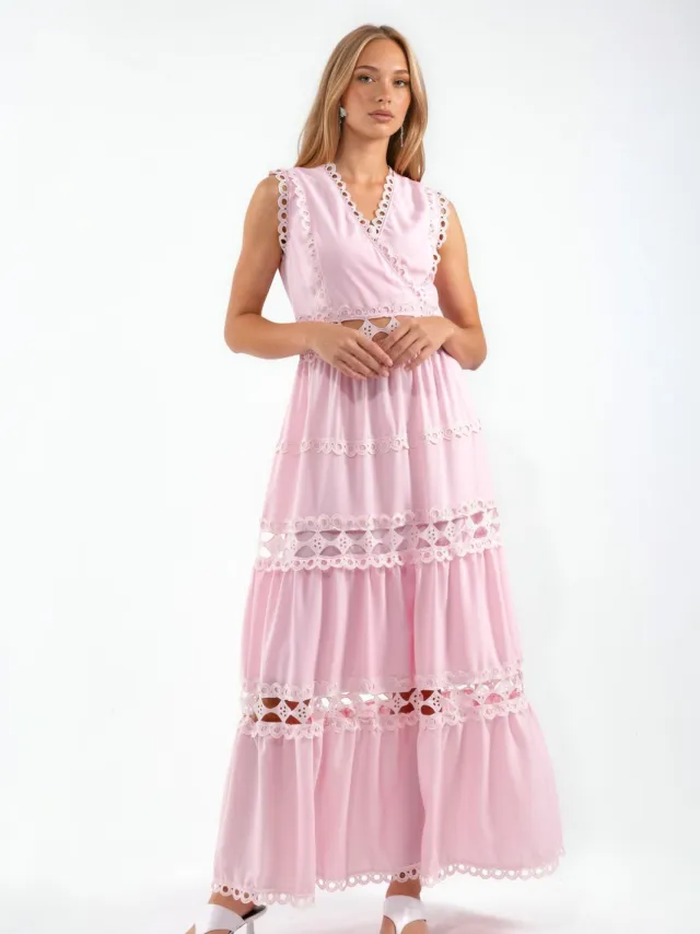 MSN Collection Mouwloze Kant V-Hals Maxi Jurk Blush