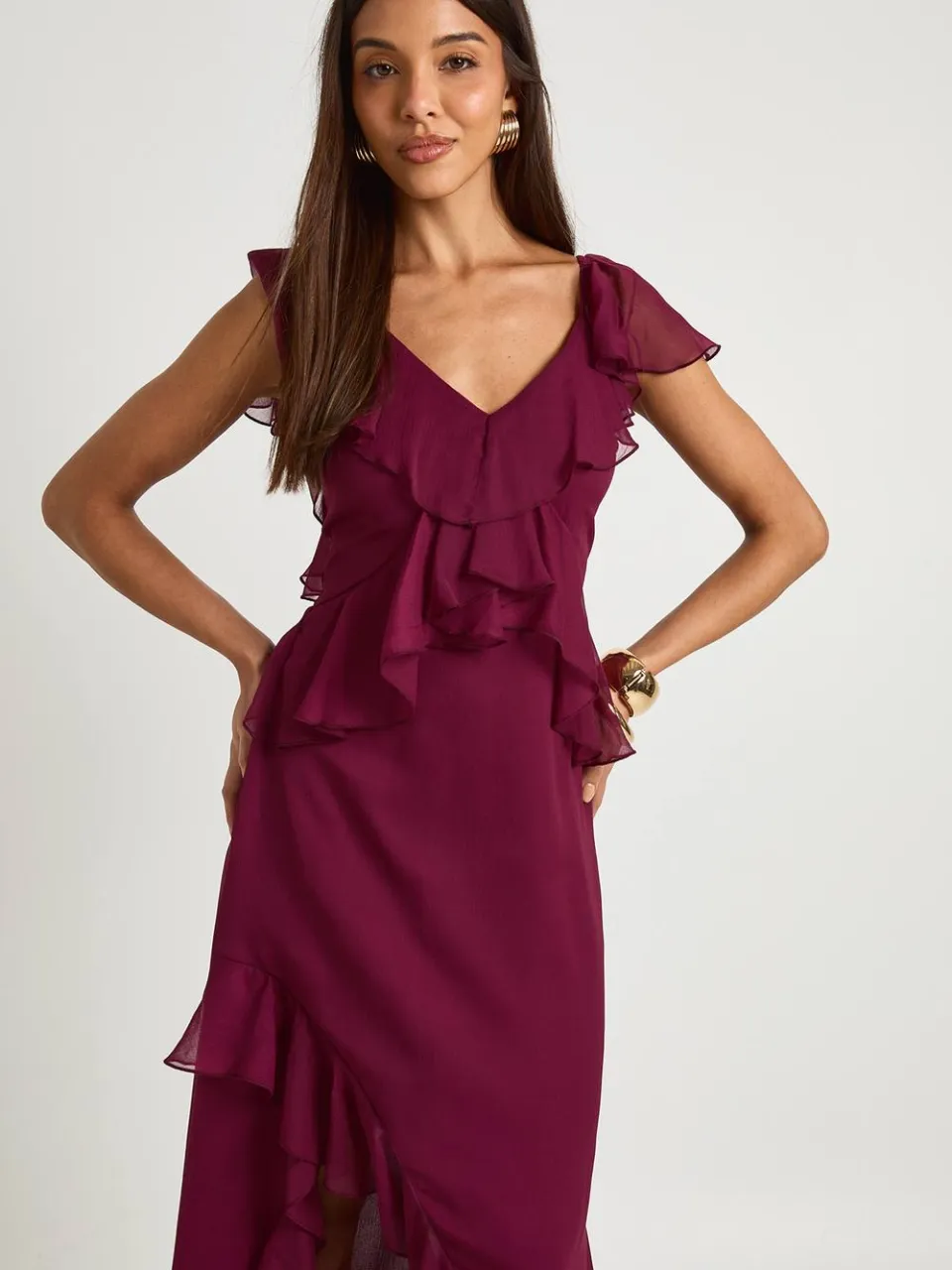 boohoo Dames Midaxi-jurk met ruches en engelenmouwen bordeaux rood, foto 3