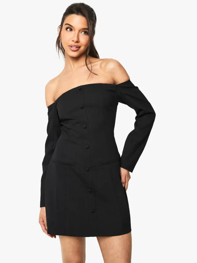 boohoo Dames Bardot Tailored Button Down Mini Jurk Zwart