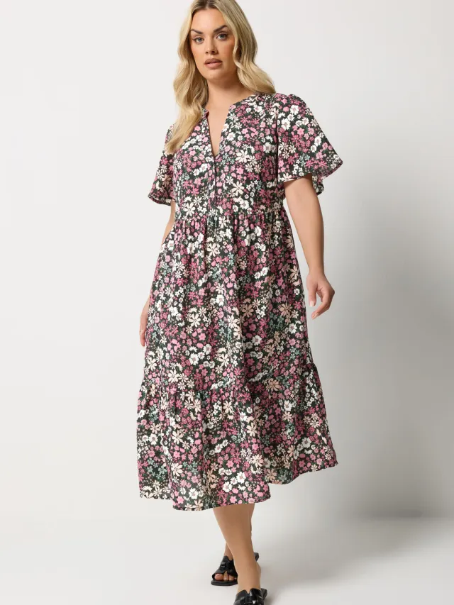 Yours Zwarte Jurk Met Bloemenprint En Plooien-52 Black