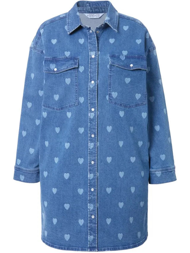 Studio Untold Dames - Jeansjurk oversized HEARTS-print - Blauw denim - Maat 50+