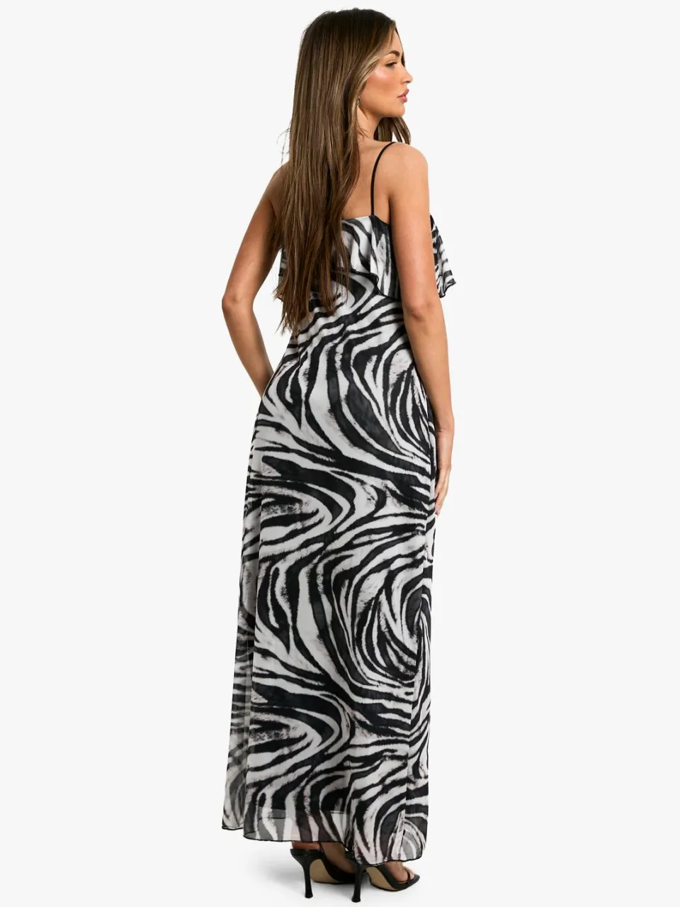 boohoo Dames Tie Strap Zebra Frill Mesh Maxi Jurk zwart, foto 2