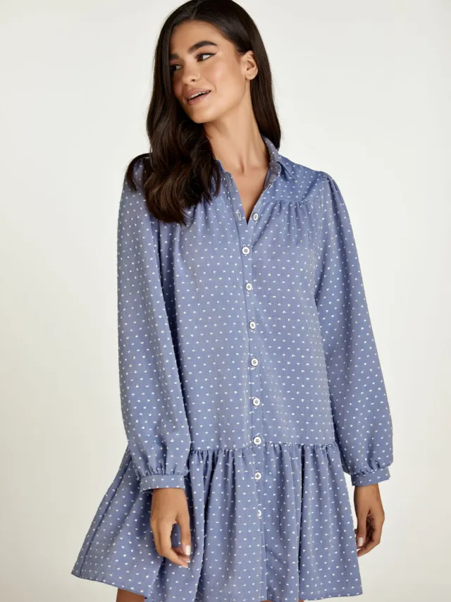 Conquista Denim stijl geborduurde jurk met knopen Indigoblauw
