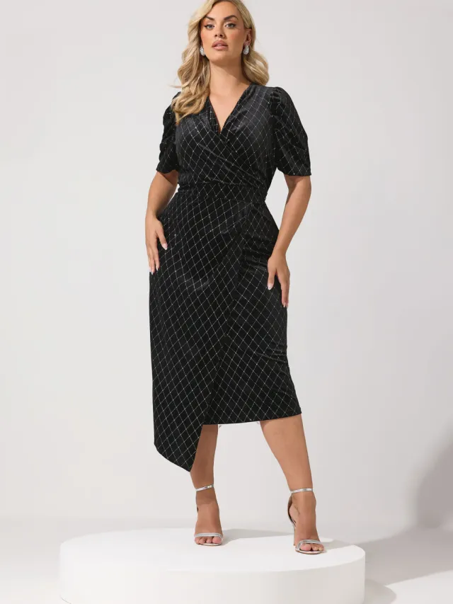 Yours London Zwarte Fluwelen Glitterwikkeljurk Black