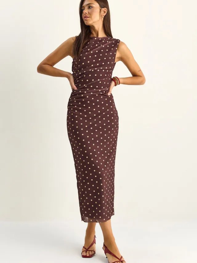 Bianco Lucci Gestippelde Bodycon Midi Jurk Mokka
