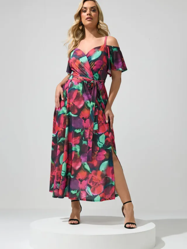 Yours London Maxijurk Met Abstracte Bloemenprint En Blote Schouders Red