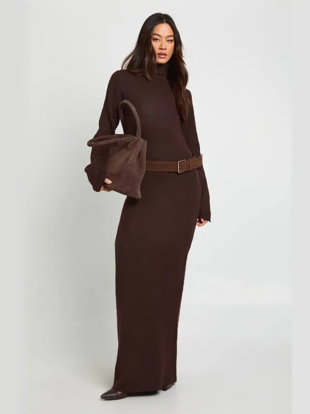 boohoo Dames Hoge rolhals superzachte gebreide maxi-jurk Chocoladebruin