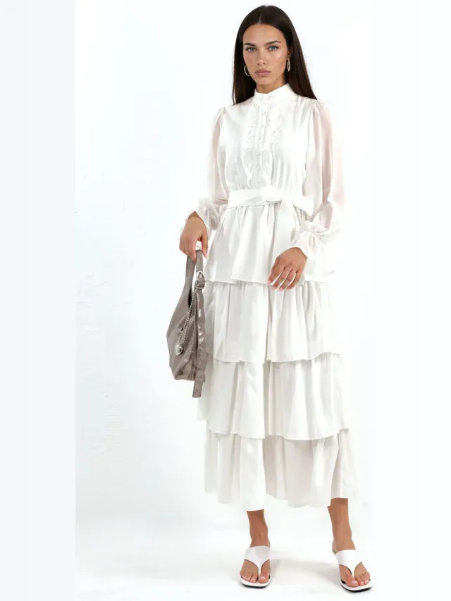 MSN Collection A-lijn Maxi Jurk Met Ronde Hals En Knopen Wit