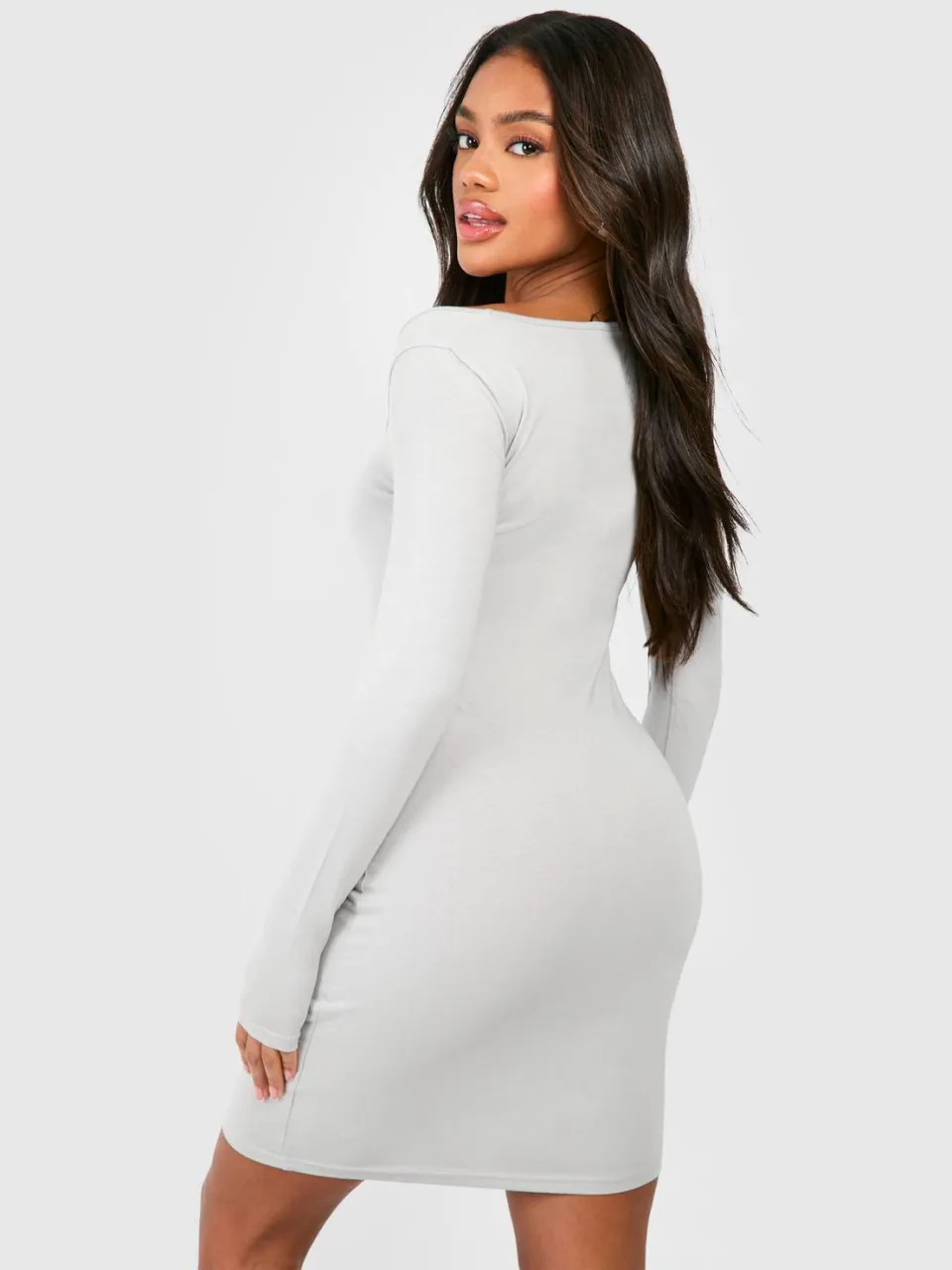 boohoo Dames Square Neck Modal Long Sleeve Bodycon Dress grijs, foto 2