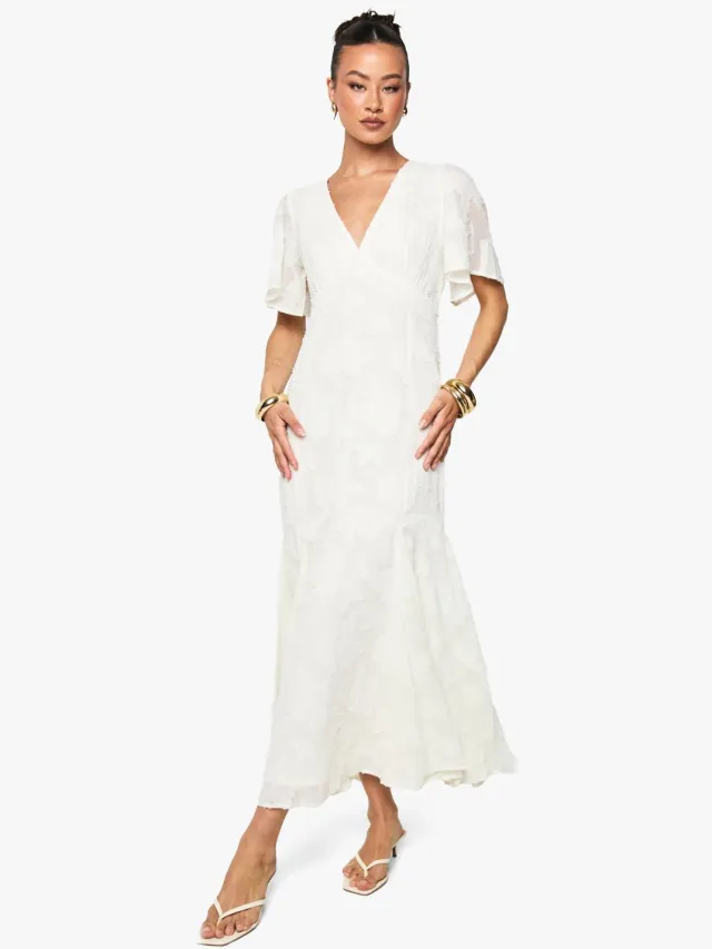 boohoo Dames Lange burnout bloemige engelenmouw midaxi jurk Crème