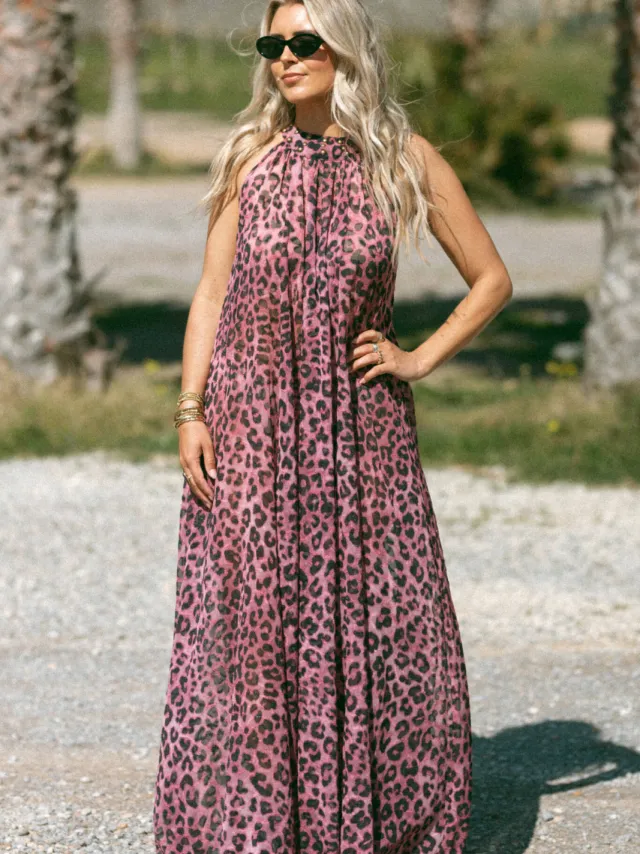 Bolina Island maxi jurk met panterprint roze Roze/ zwart