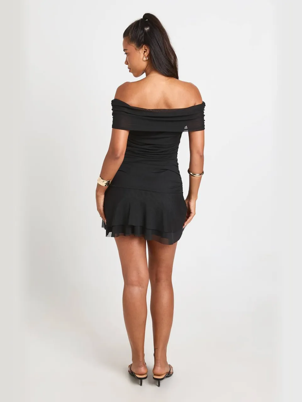 boohoo Dames Mesh Bardot Geplooid Body Skater Jurk zwart, foto 2