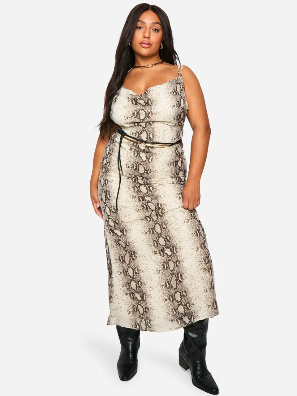 boohoo Dames Plus Snake Chiffon Cowl Maxi Jurk slangenprint, foto 3