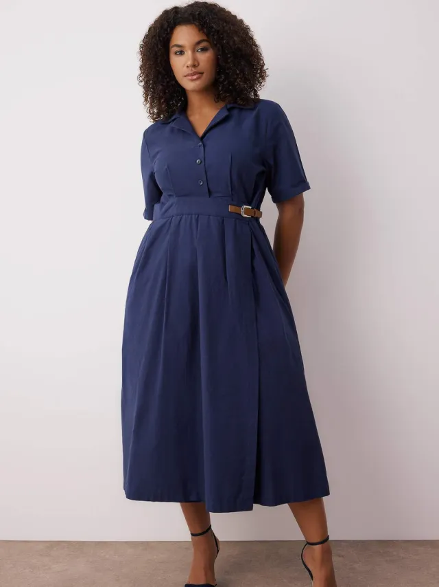 Trendyol Curve Dames Donkerblauw Effen Midi Kort Casual Recht Grote maten Jurk Marineblauw/Blauw