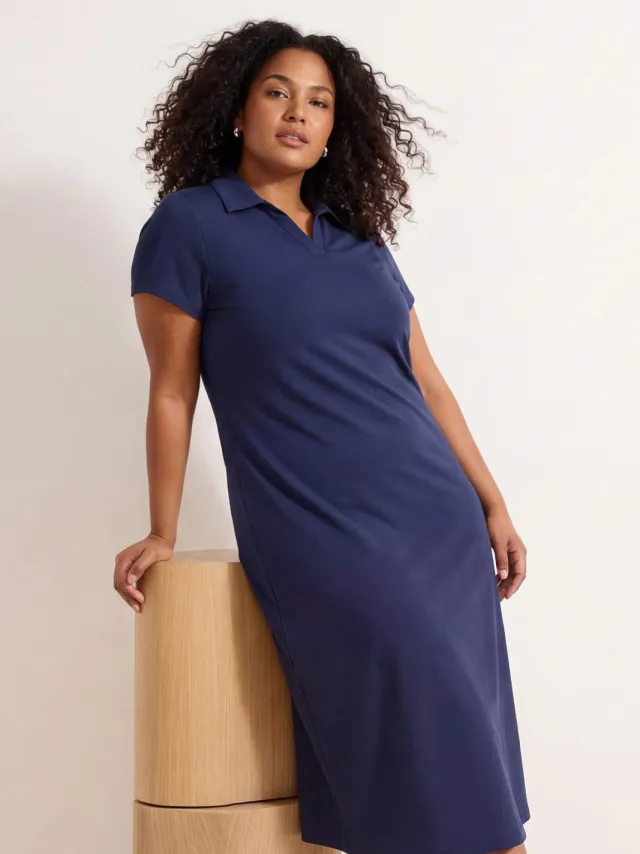 Trendyol Curve Dames Donkerblauw Effen Midi Kort Casual A-lijn Grote maten Jurk Marineblauw/Blauw
