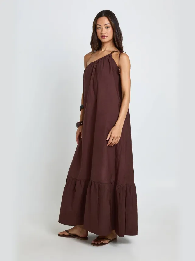 boohoo Dames Lange Geplooide Maxi-jurk Met Kralenband En Éen Schouder chocoladebruin, foto 2