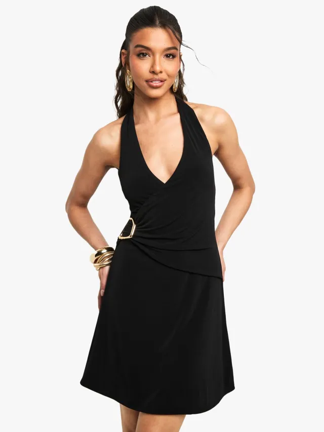 boohoo Dames Halternek met trimdetail wikkelminijurk Zwart