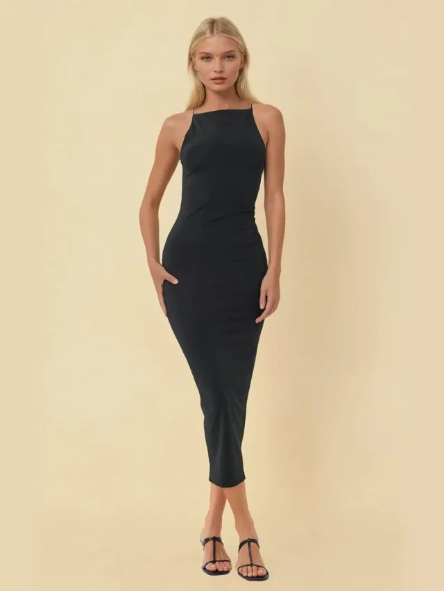 Hiccup Halternekk Bodycon Midi-jurk Zwart