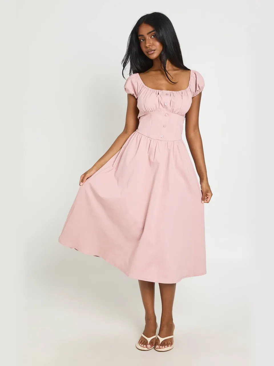 boohoo Dames Midaxi Jurk Met Volumineuze Mouwen En Melkmeisjeshals pastelroze, foto 3