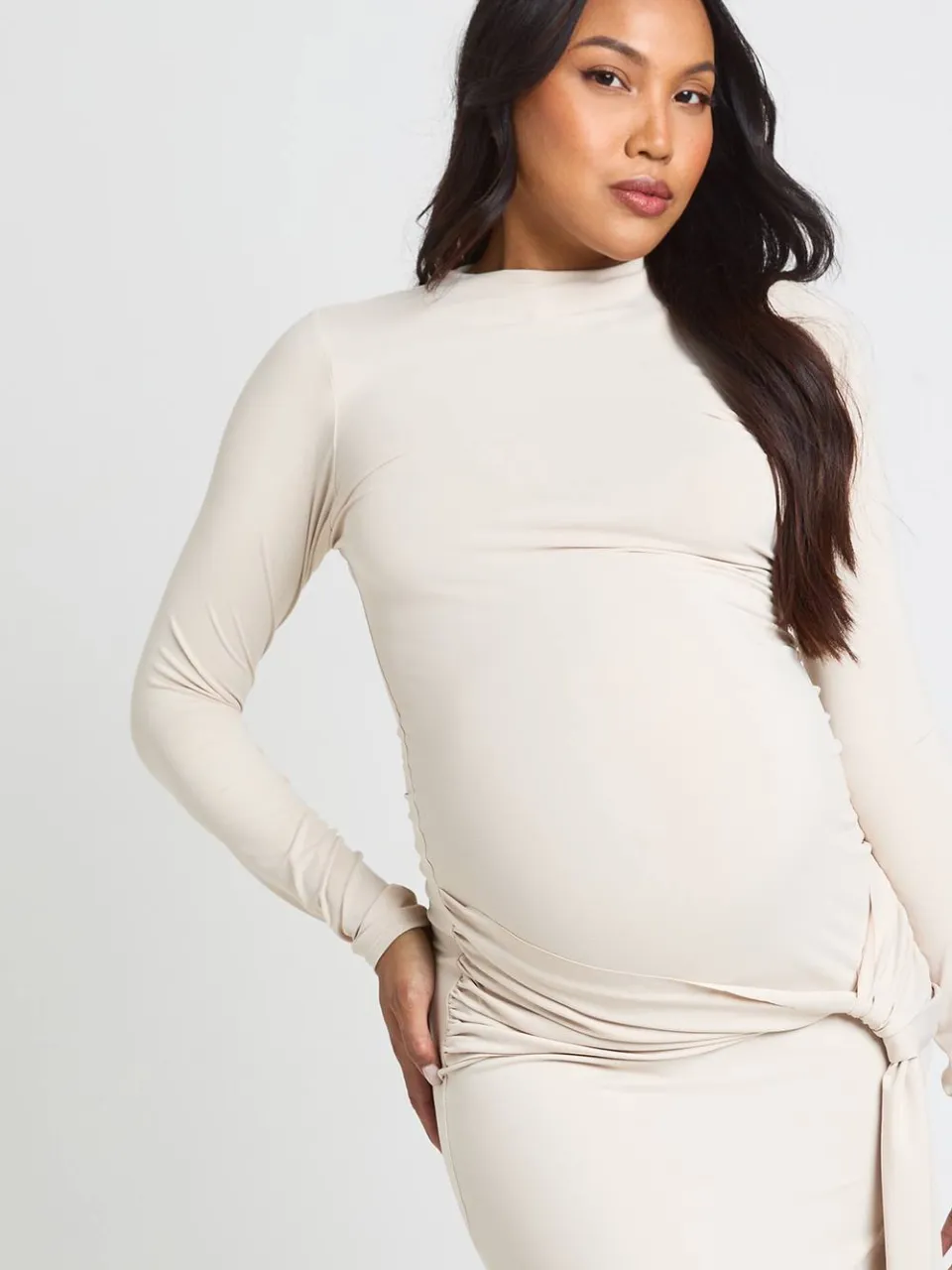 boohoo Dames Zwangerschaps Maxi Jurk Met Strik Onder Buik En Asymmetrische Zoom steen, foto 4