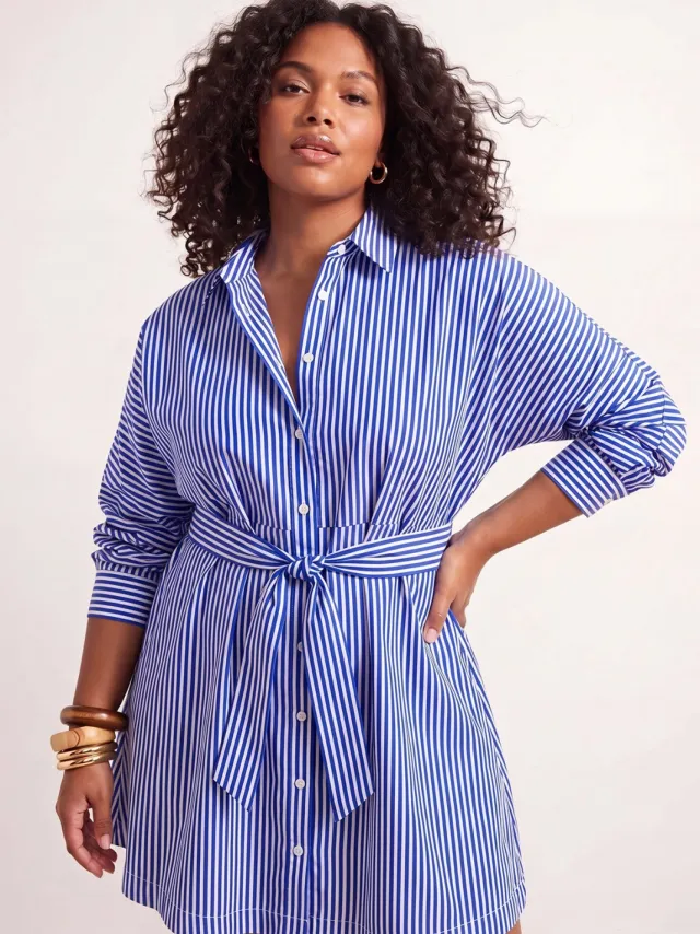 Trendyol Curve Dames Blauw Effen Kort / Mini Lang Casual Blousejurk Grote maten Jurk