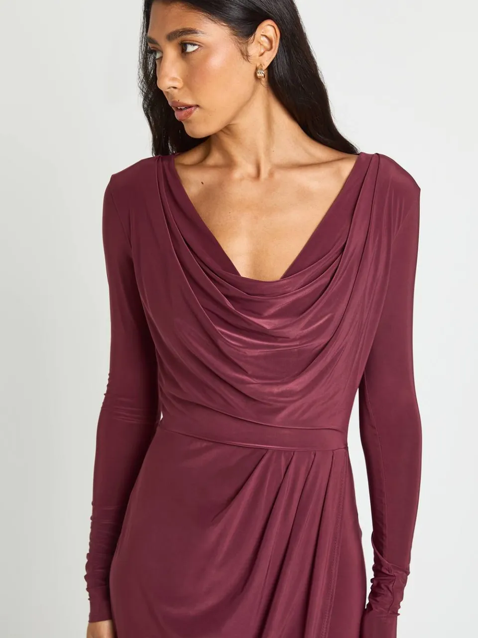 boohoo Dames Tall Slinky Geplooide Wikkel Lange Mouw Maxi Jurk pruim, foto 4